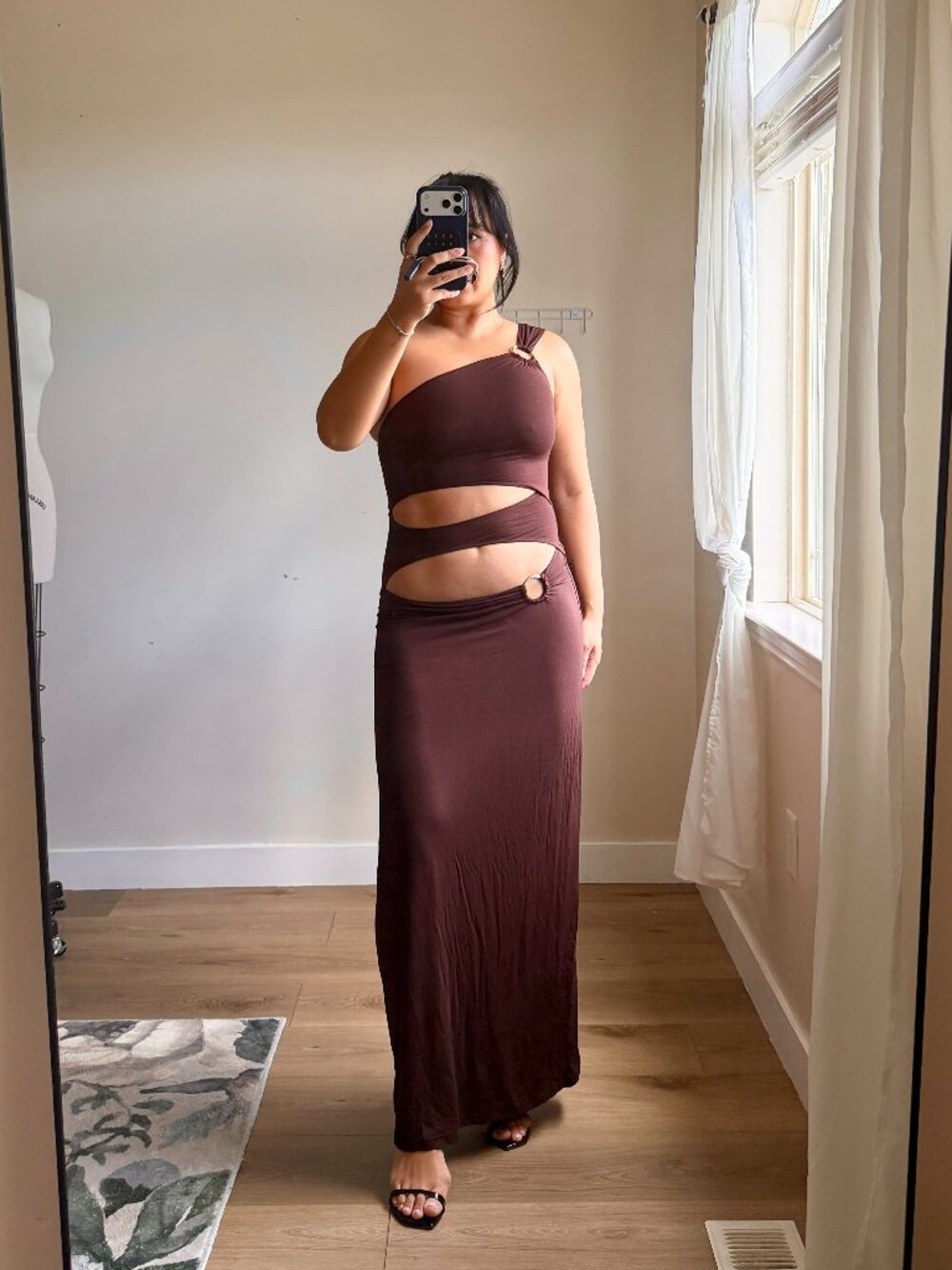 White Fox Brown Cut Out Maxi Dress | One Shoulder Ring Hardware | M | Formal